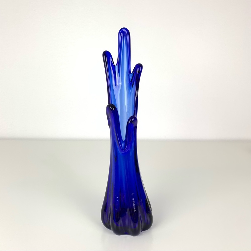 Swung Glass Vase 5 Fingers Cobalt Blue Vintage MCM Stretched Retro 11” Tall